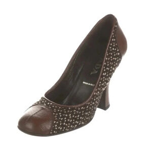 Prada Tweed Vintage 90s Heels Brown Tan Pumps Shoes 39 8.5